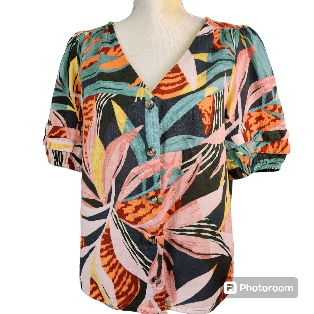 Sonoma Tropical Gauzy V Neck Puff Sleeve Button Up Blouse Size Small/Medium